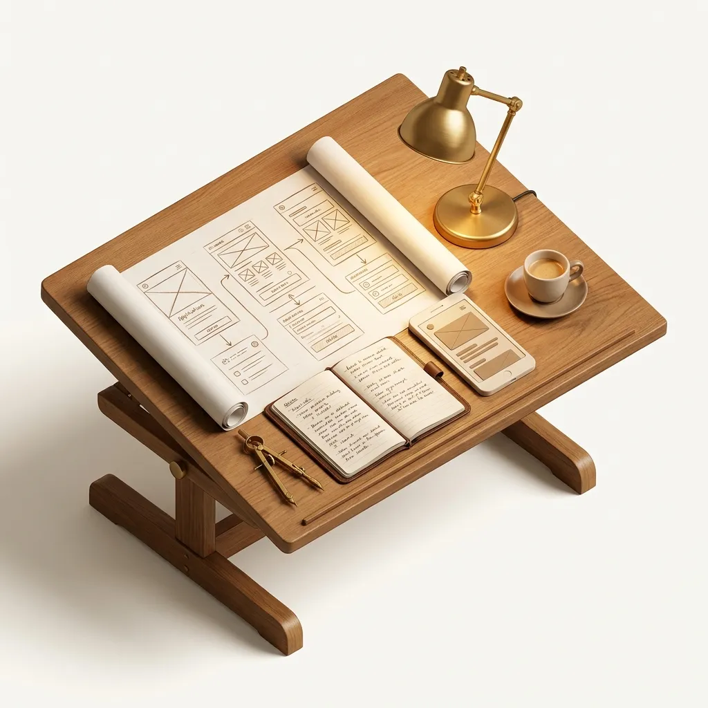 Atelier di software: tavolo da disegno con blueprint, compasso, modello di dispositivo